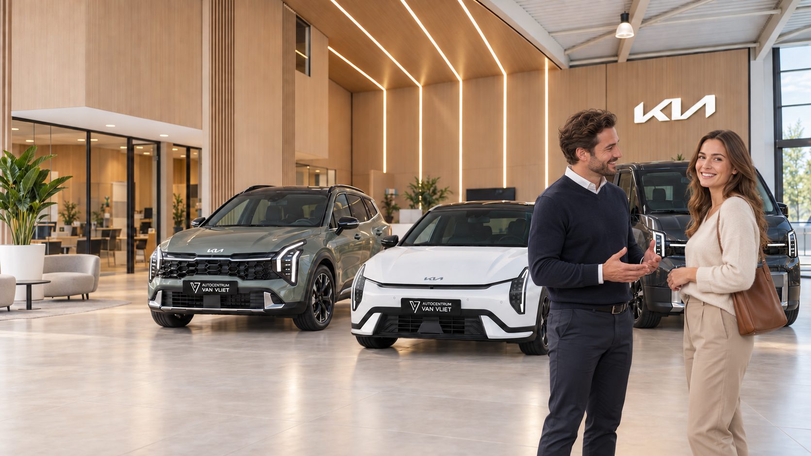 Kia Sportage, EV4 en PV5 bij een Kia-vestiging in het Groene Hart