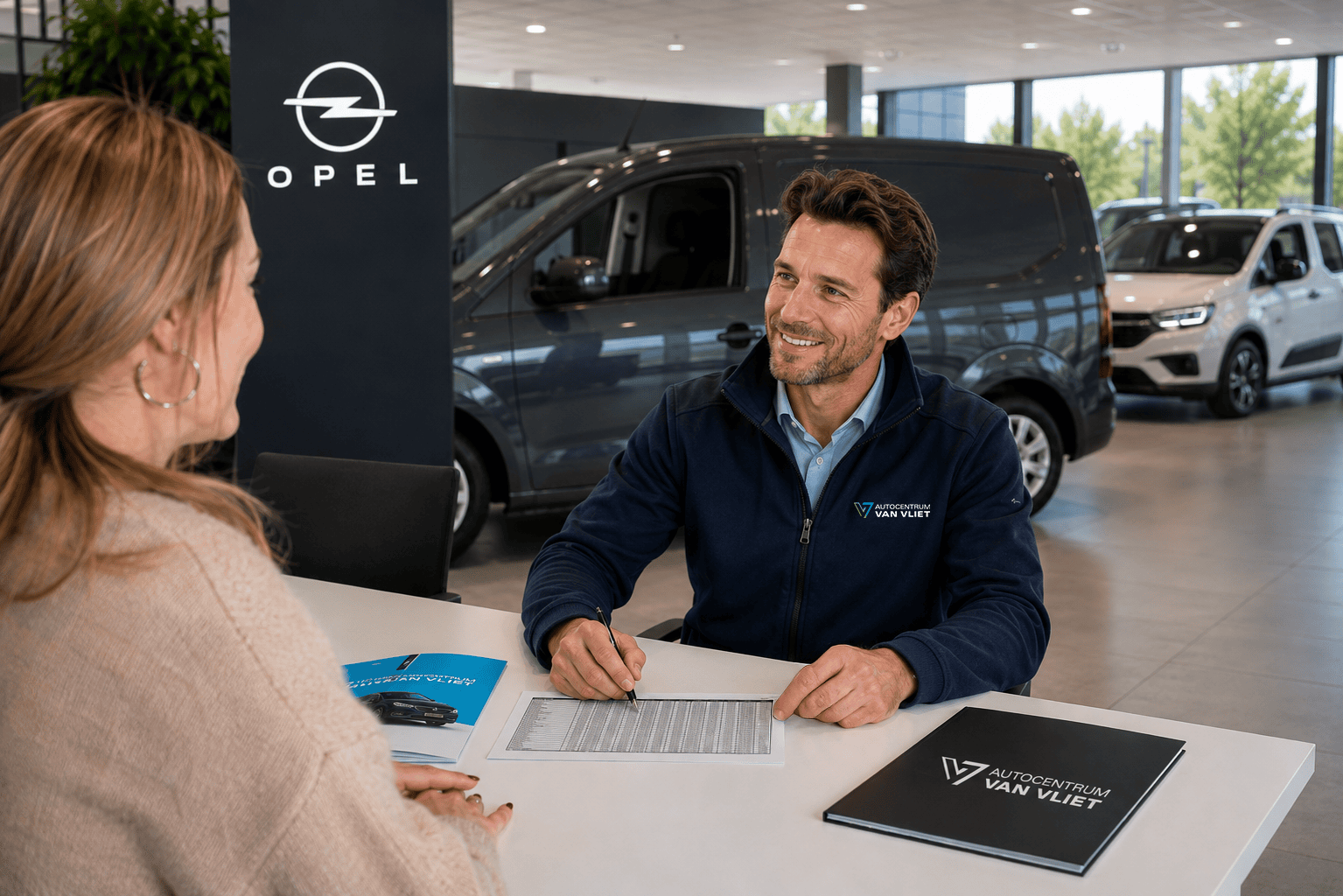 Zakelijke adviseur van Autocentrum Van Vliet in gesprek met een ondernemer