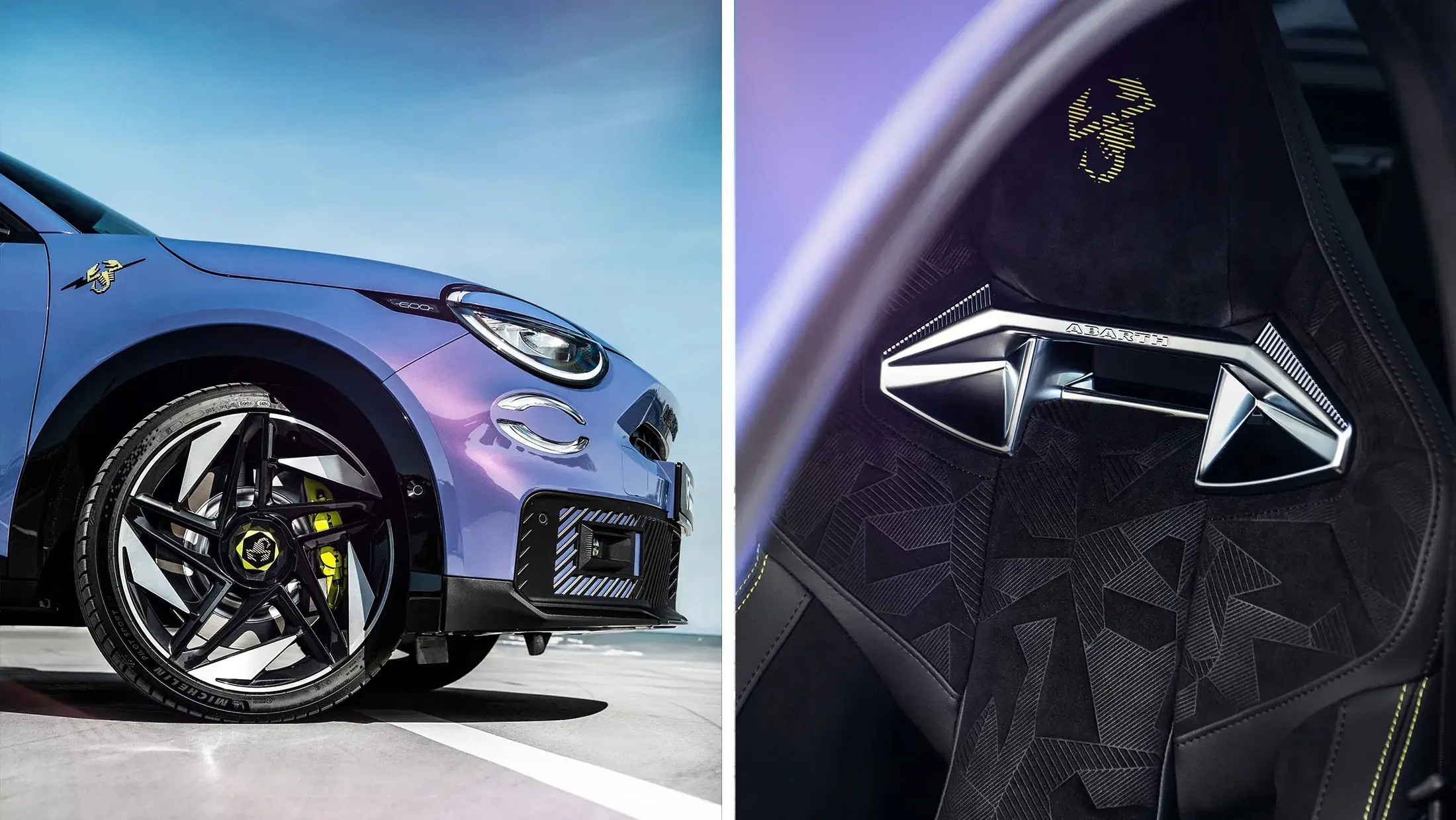 Abarth 600e voorkant en stoelen